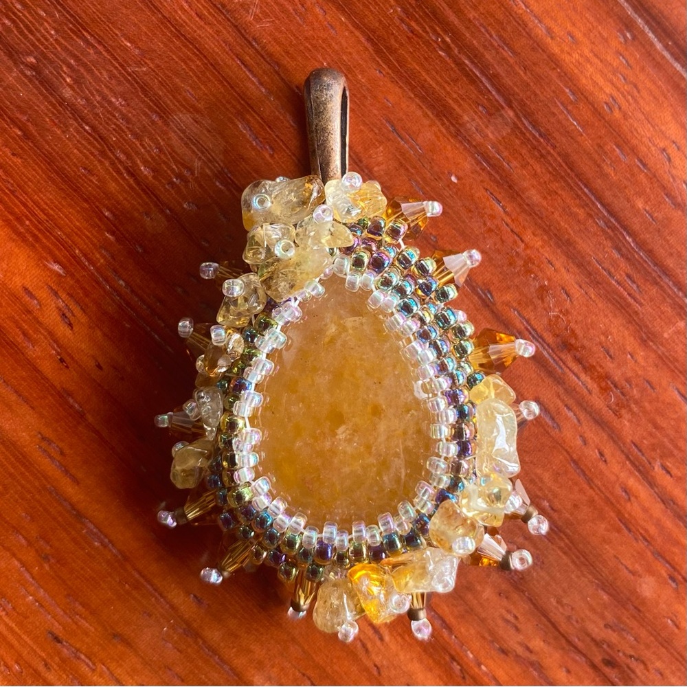 Bead Embroidered Aventurine & Citrine Pendant